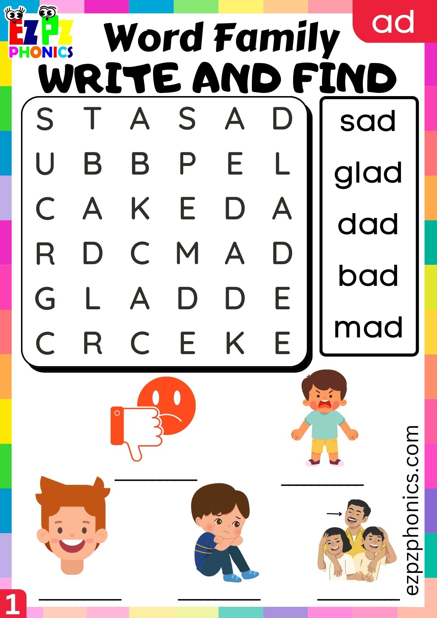 AD Words Write And Find Phonics Word Families Worksheet